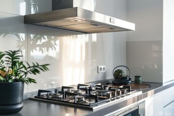 A kitchen with a stove top oven and a potted plant in it