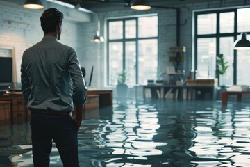 A man standing in the midst of a flooded office, with water and debris surrounding him