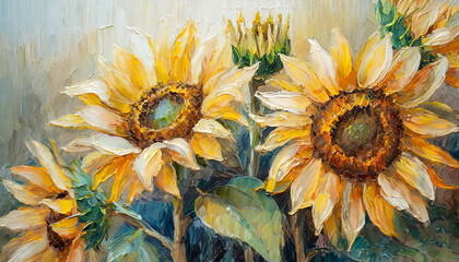 Wall Mural - Digital botanical painting close up of a bunch of sunflowers, oil painting floral bouquet