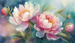 © happyjack29 - Beautiful watercolor digital illustration close up of Peony flowers, wet painting floral bouquet