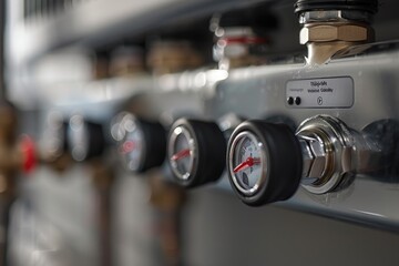 Canvas Print - A close-up view of multiple gauges on a wall, suitable for use in industrial or technical settings