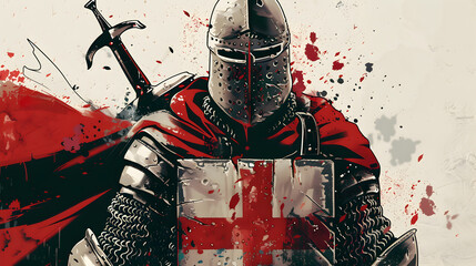 Wall Mural - A medieval Crusader knight with a red cross shield and chainmail, illustration.


