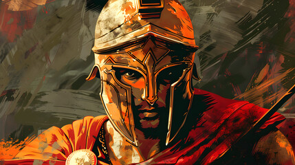 Sticker - A Spartan warrior with a focused look and bronze helmet, illustration.


