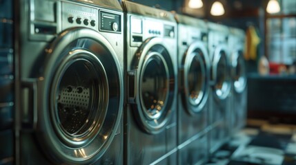 Wall Mural - Row of washing machines in a public laundry facility, suitable for use in editorial or commercial contexts