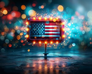 Illuminated American flag sign glowing in the night with colorful bokeh lights background, creating a festive patriotic atmosphere.