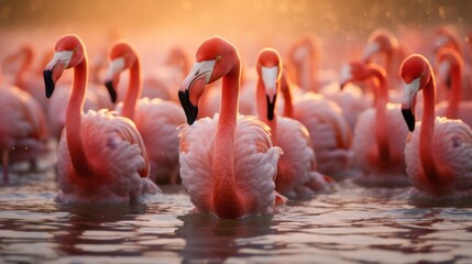 Group of flamingos standing in shallow water at sunset, their pink feathers reflecting in the calm water, with a blurred natural background, photo, horizontal, copy space