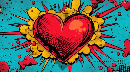 A vibrant pop art style image of a red heart exploding on a blue background