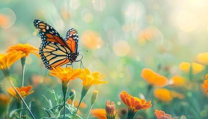 Wall Mural - A vibrant Monarch butterfly Danaus plexippus perched on bright orange marigold flowers in a sunlit meadow.