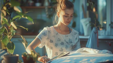 Wall Mural - A woman sits at a table with a potted plant in front of her, perfect for office or home use