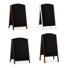 Wall Mural - Sandwich black board, floor chalkboard easel banner. Vector mock-up set. Blank A-frame advertising display. Mockup. Double sided outdoor sidewalk sign. Template for design