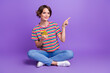 © deagreez - Photo of cute cheerful girl wear trendy clothes recommend buy modern technology empty space isolated on violet color background