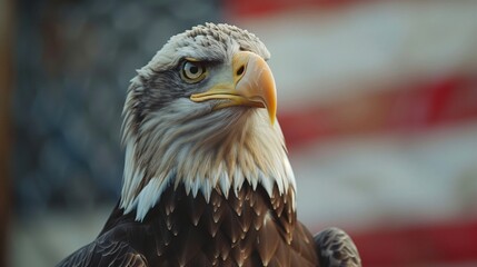 Majestic Bald Eagle Portrait with American Flag Background, Symbolizing Freedom and Strength, Patriotic Theme, Wildlife Photography for Independence Day and National Parks, Close-Up View