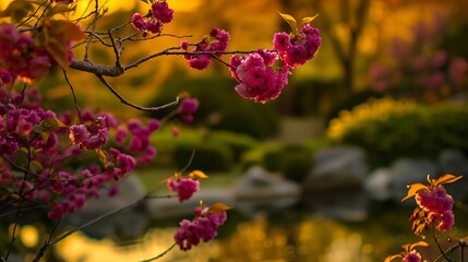 Wall Mural - Varied blossoms, Japanese garden setting, close-up, golden hour glow, vivid hues, natural style 