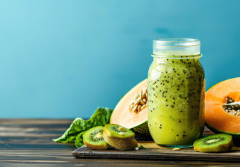Wall Mural - Green smoothie with kiwi, melon and mint in a glass jar on a wooden table against a blue background