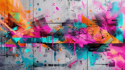 Wall Mural - an urban concrete wall splashed with bold graffiti in neon colors, featuring abstract geometric patt
