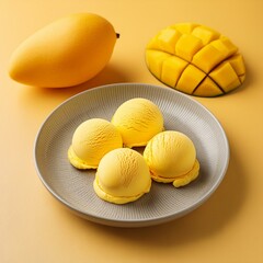 Wall Mural - Yellow mango ice cream scoop or ball on yellow background