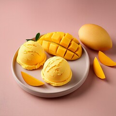 Poster - Yellow mango ice cream scoop or ball on red background