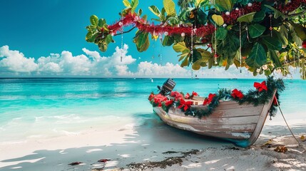 New Year in the tropics, decorated boat with fir branches and red bows