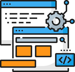 Fototapete - It specialist vacancy, web development career, web developer job linear color icon. Web application development career, website programming job thin line vector sign with app browser window, cogwheel
