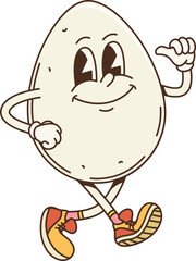 Aufkleber - Retro cartoon groovy breakfast fried egg character. Isolated vector smiling egg with expressive eyes, wearing sneakers and showing a thumbs-up. Cheerful food personage embodies playful breakfast vibes