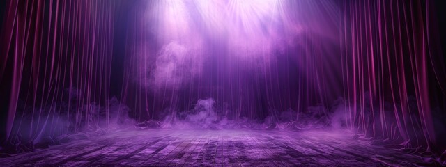 Wall Mural - A regal purple velvet curtain drawn back to reveal a stage bathed in soft spotlight, ready for a performance to begin.