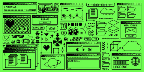 Fototapete - Rave Y2K computer window page with acid green interface screen and pixel buttons, vector background. Acid rave Y2K computer windows with 8 bit loading bars, file folders, music player and message box