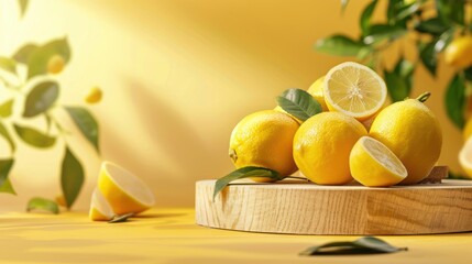 A bunch of lemons are on a wooden table