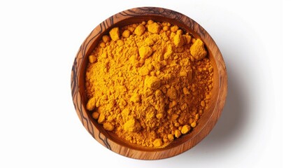 Sticker - Turmeric powder in a wooden bowl seen from above against a white background