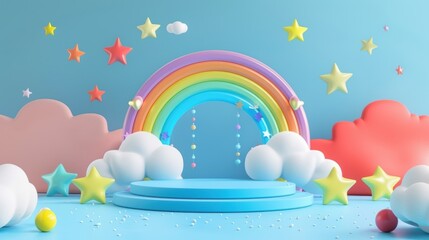 Wall Mural - A colorful rainbow is suspended above a stage with clouds