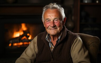 Wall Mural - A man is sitting in a chair in front of a fireplace. He is smiling and he is enjoying the warmth of the fire