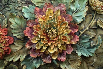 Wall Mural - Chrysanthemum stucco relief: Intricately layered petals in vibrant hues, surrounded by lush foliage, showcasing elegance