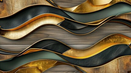 High-quality 3D wallpaper design featuring a mix of aged teak wood, matte gold waves, black leather insets, and continuous golden stripe patterns for a timeless and elegant effect.