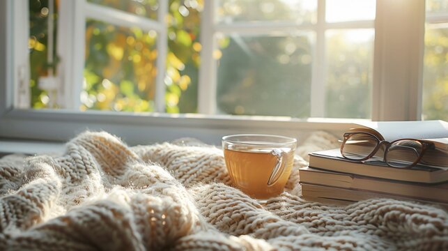A cozy reading nook with a stack of novels, a pair of reading glasses, and a cup of tea, set on a soft blanket by a sunny window