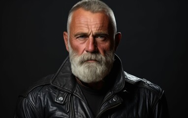 Wall Mural - A man with a beard and a leather jacket is looking at the camera. He has a serious expression on his face