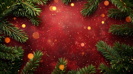 Canvas Print - Create a festive Christmas scene with green pine branches framing the image on a red textured background.