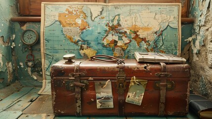 A vintage travel scene with an old suitcase, a world map, a compass, and a stack of postcards from various destinations