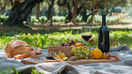 Poster - Ferragosto Picnic in the Park: Picnic Blanket with Fresh Fruits, Wine, and Bread Tranquil park setting with a