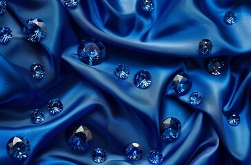 Sticker - Glowing sapphires scattered on blue silk fabric background. Blue background with sapphire gemstones, top view. Elegance concept