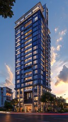 Wall Mural - A high-rise residential building with a blue glass curtain wall.