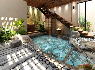 Sticker - Pebble courtyard with pool and tropical plants