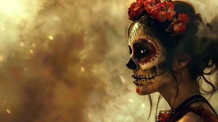 Wall Mural - Portrait of female zombie with painted skull face, sends air kiss, expresses love, celebrates day of death, prays for family members who died comes on Mexican holiday or festival has halloween makeup.