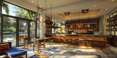 Poster - Modern bar interior with large windows and wooden bar counter