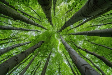 Trees Forest. Beech Trees Canopy in Early Spring, Looking Up at Fresh Green Foliage