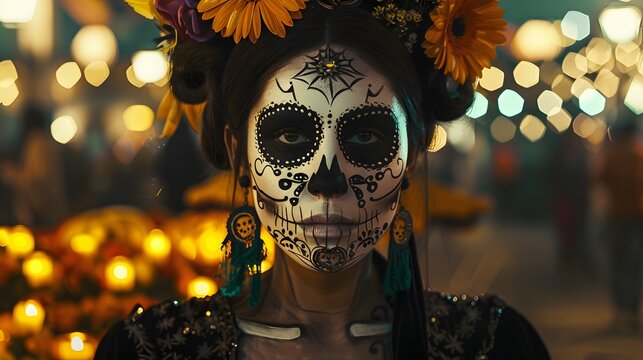 Portrait of female zombie with painted skull face, sends air kiss, expresses love, celebrates day of death, prays for family members who died comes on Mexican holiday or festival has halloween makeup.