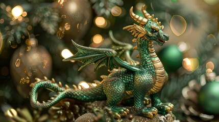 Wall Mural - Green Dragon Ornament with Bokeh Background Generative AI