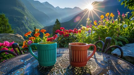 two colorful ceramic cups on a wrought iron table in a mountain garden, vibrant flowers blooming aro