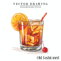 Old Fashioned alcoholic cocktail vector vintage watercolor style