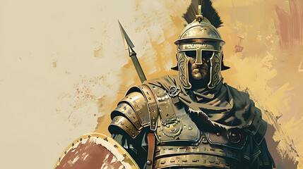 A determined Roman legionary with battle-worn armor, illustration.


