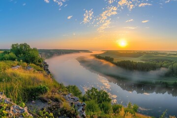 Wall Mural - Tranquil sunrise panorama of summer landscape with river and fog on a beautiful sunny day