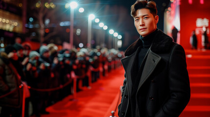 Asian actor on red carpet, cinema festival